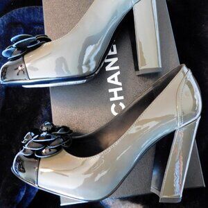 Chanel Black & Grey Camellia Patent High Heel Pumps
